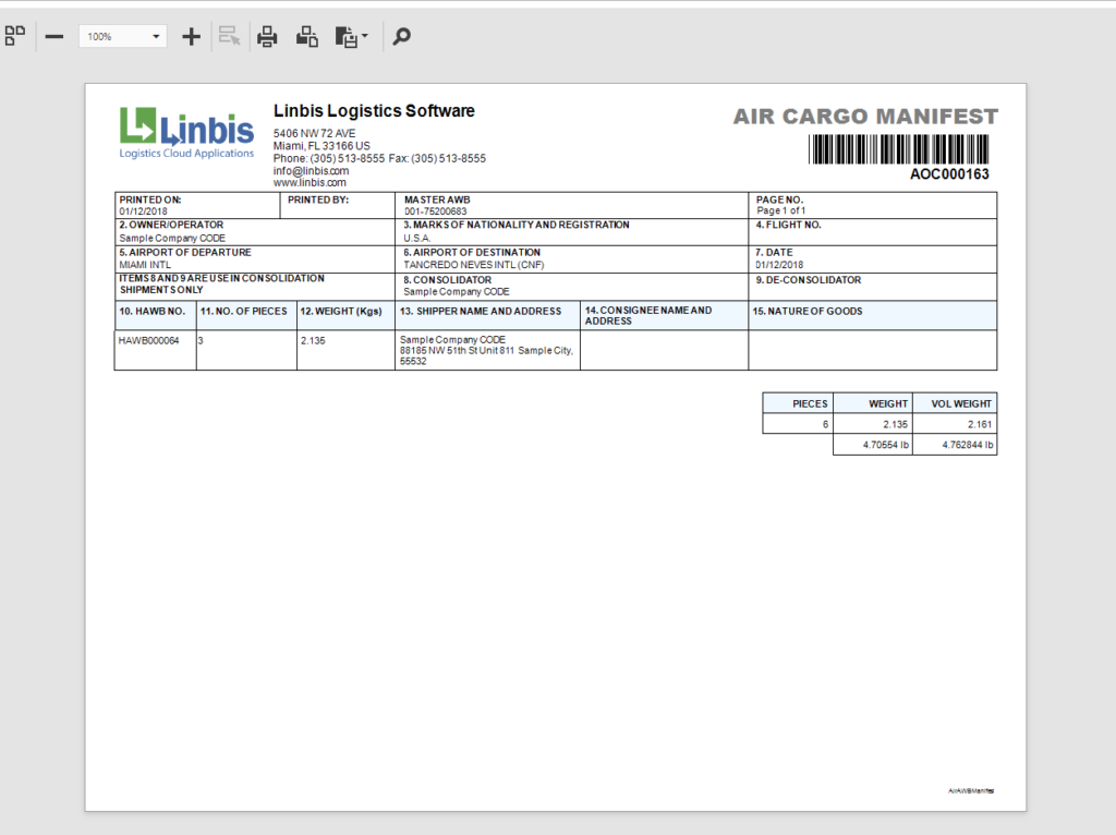 Linbis-Logistics-Software-AirShipment-Manifest - Linbis Logistics Software