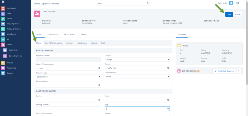 Linbis-Logistics-Software-OceanShipment-Save - Linbis Logistics Software