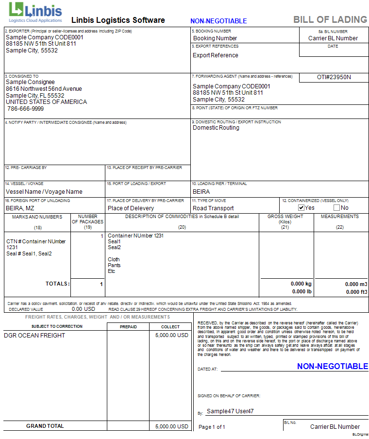 Shipping Cargo From The USA Sea Freight Bill Of Lading 