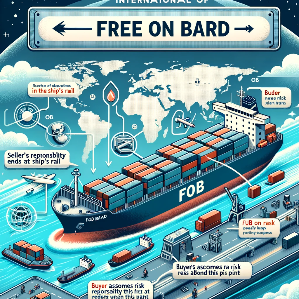 Here is an informational image illustrating the concept of Free On Board (FOB) in international trade. The image shows a cargo ship at sea with goods being loaded onto it, alongside graphical elements and text labels that explain the key points of FOB terms. This image is designed to be educational and visually engaging, making it suitable for business or trade presentations.
