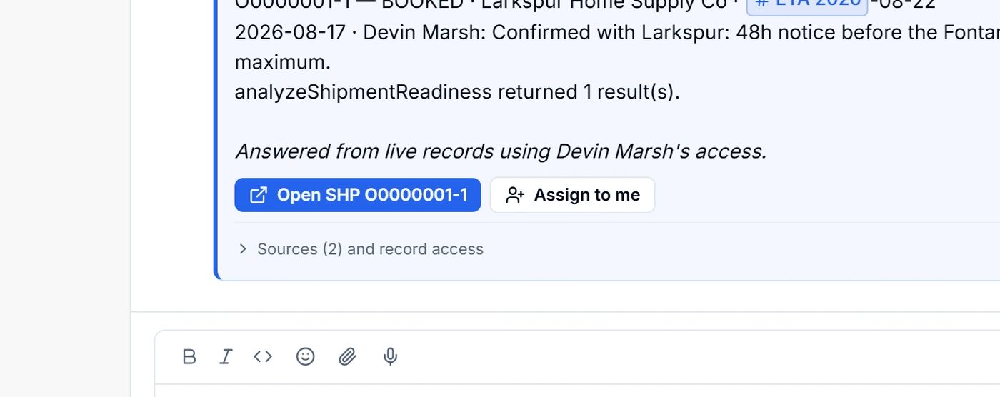 Ask in chat. Get the answer, the sources, and a drafted email in 7.7 seconds.