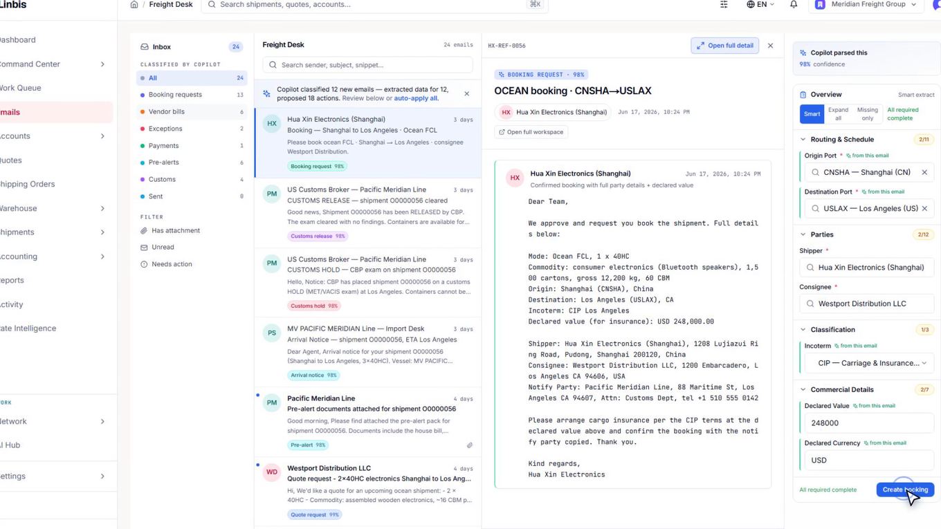 The Freight Desk: a copilot-classified inbox, the original email, and the AI-structured booking fields side by side