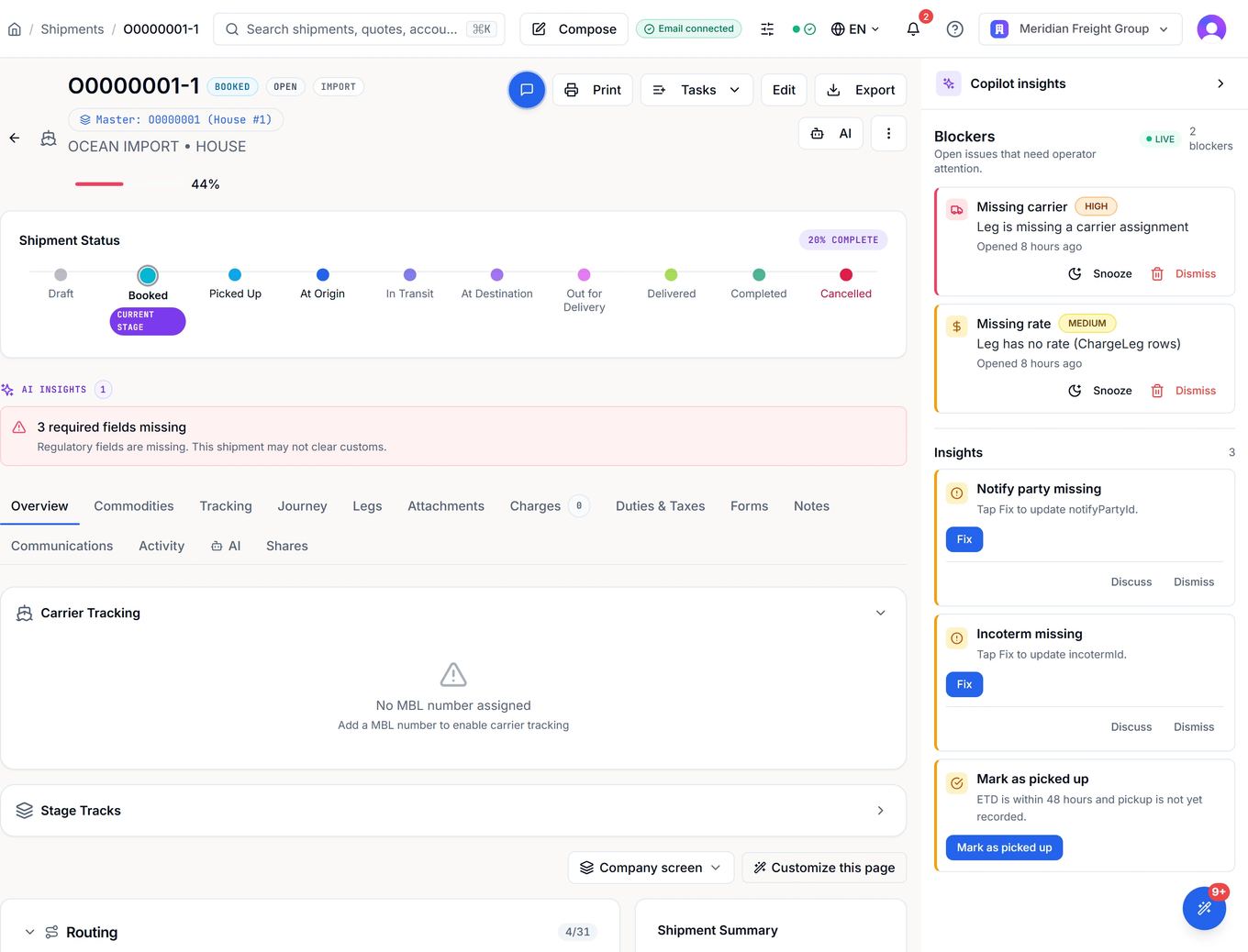 The shipment page: status track, financials, required-fields banner and the copilot panel with live blockers