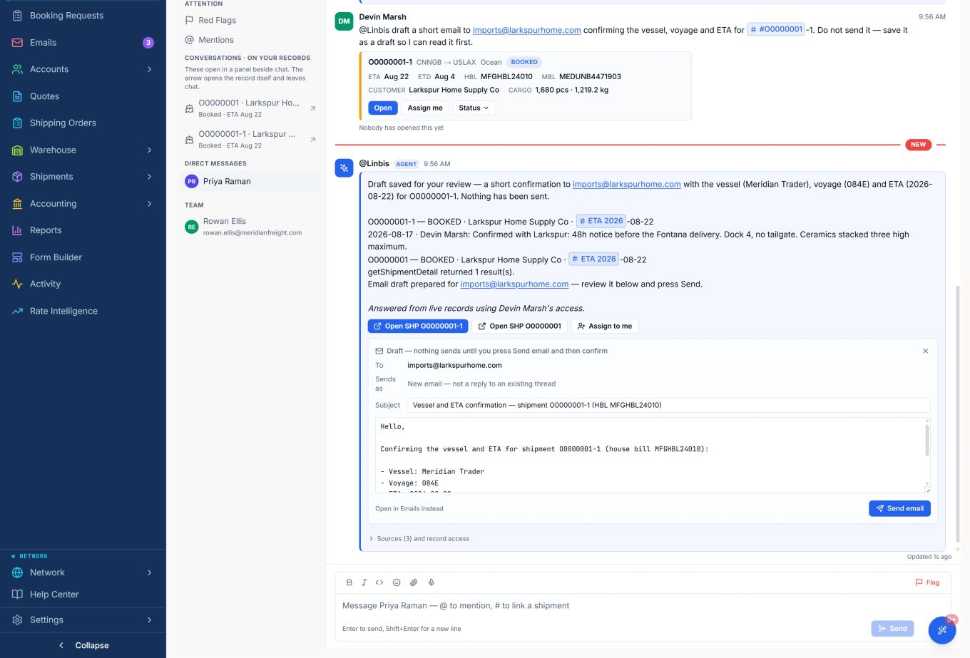 Typing a # shipment number in chat expands the live file card inline: bills, ETA, customer, cargo and actions