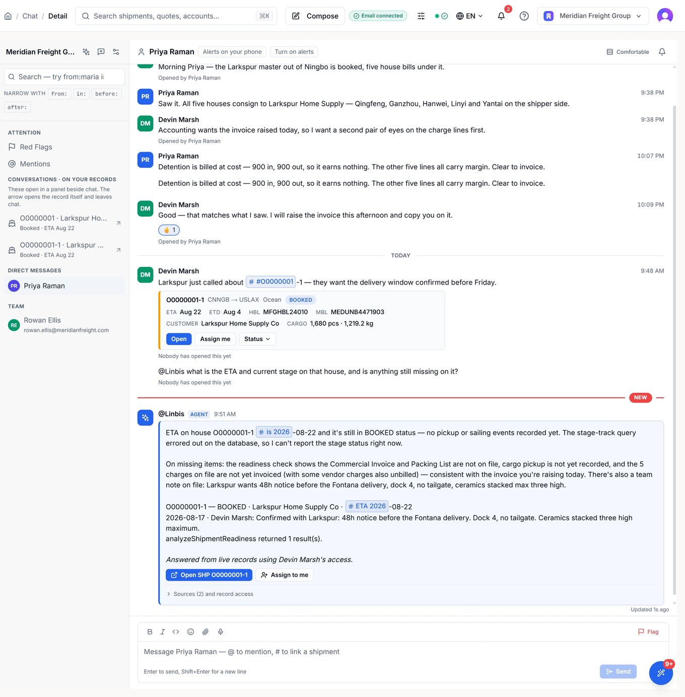 A team thread in Linbis chat discussing a live consolidation, with @Linbis available to answer