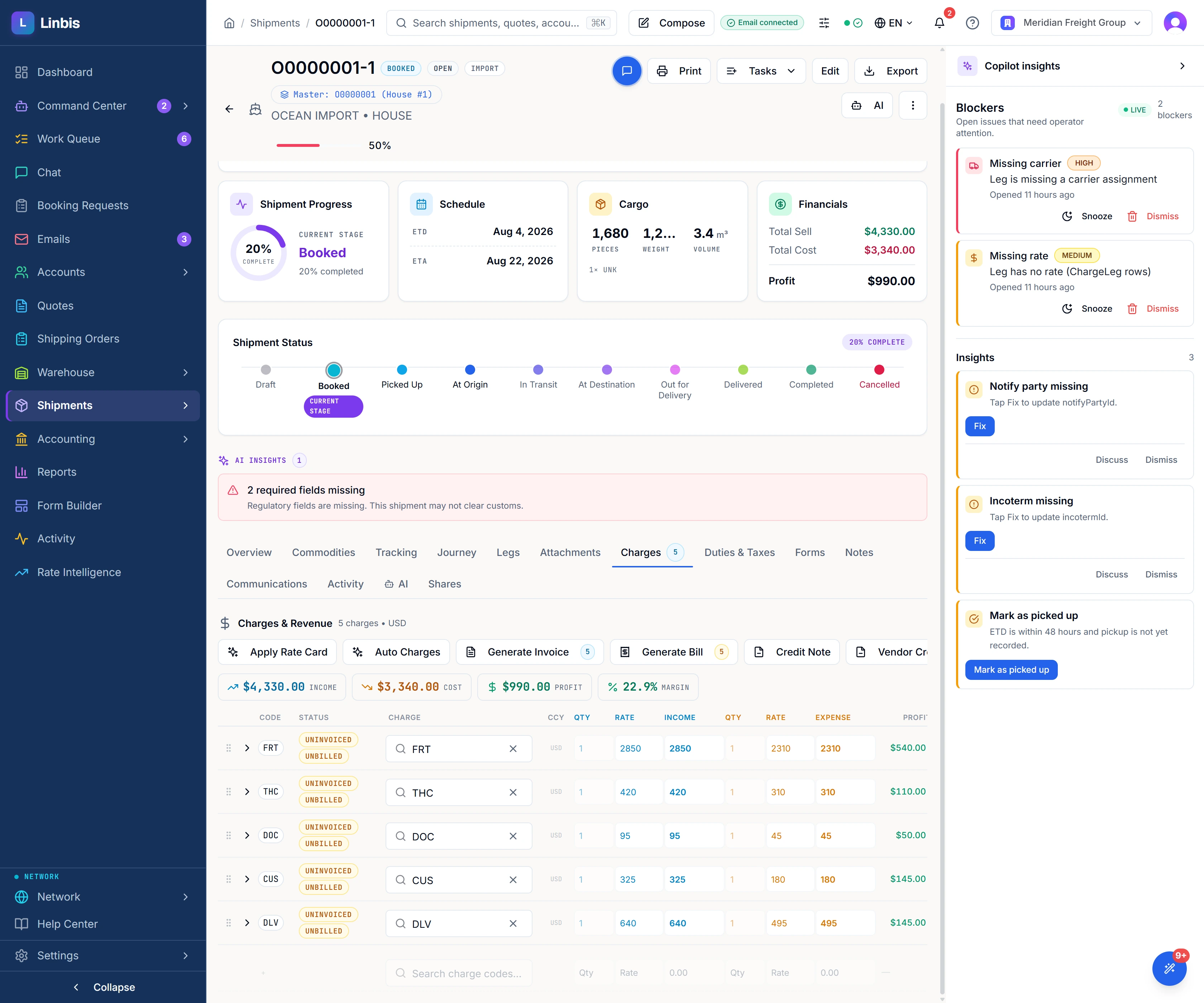 The Charges and Revenue tab on a real Linbis house file: five charge lines each carrying income and expense columns with per-line profit, totals of $4,330 income, $3,340 cost and $990 profit at 22.9% margin, with Apply Rate Card, Auto Charges, Generate Invoice and Generate Bill actions above the grid.
