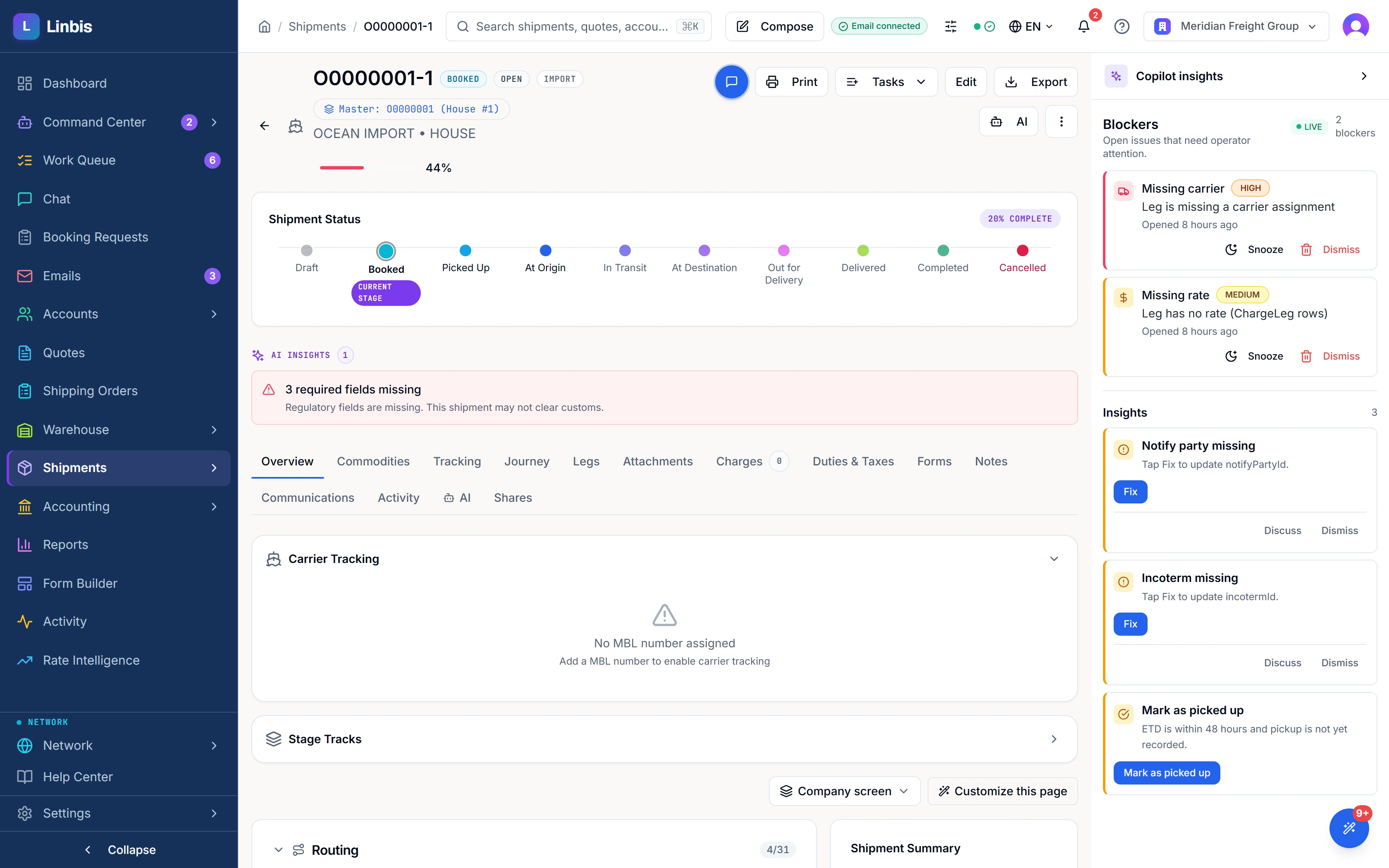 A real ocean import house file in Linbis: the status flow across the top, schedule, cargo and financials cards, and the Copilot rail naming the file's two open blockers and missing regulatory fields.