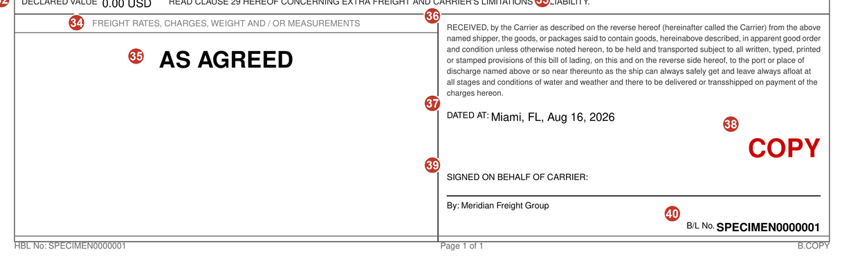 Detail of the foot of the specimen: the freight rates and charges block reading AS AGREED, the received-by-the-carrier clause, the dated-at line reading Miami Florida with the date of issue, a red COPY stamp, an empty signature line beneath SIGNED ON BEHALF OF CARRIER, and the B/L number repeated bottom right.