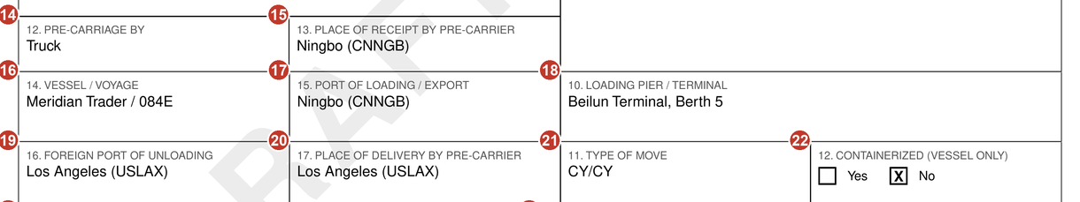 Detail of the specimen showing both of the boxes this form numbers 12: the pre-carriage box near the top, reading Truck, and lower down the containerized vessel only box with its Yes and No ticks, the No tick marked.