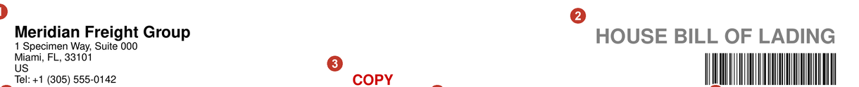 Detail of the top of the specimen: the issuer letterhead with a fictional Miami address and telephone, a red COPY stamp, the title HOUSE BILL OF LADING and a barcode.