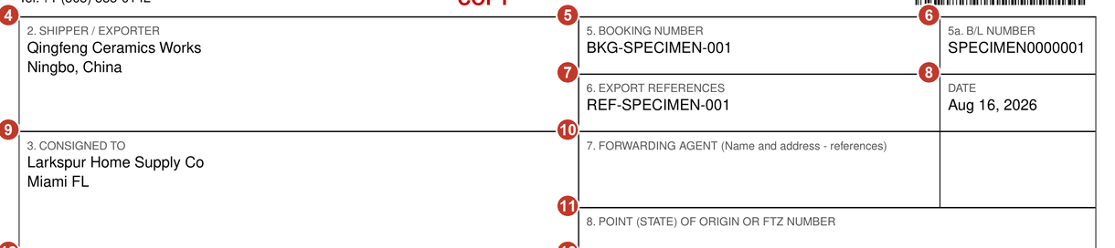 Detail of the specimen: the shipper and consigned-to boxes on the left, and on the right the booking number, the 5a B/L number, the export references, the date, the forwarding agent box and the point of origin or FTZ number box, the last two empty.