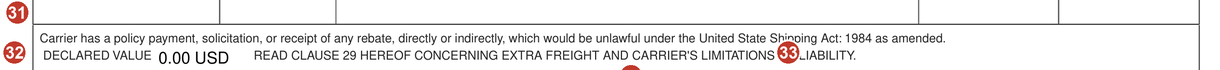 Detail of the specimen: the printed rebate sentence reading that the carrier has a policy of payment, solicitation or receipt of any rebate which would be unlawful under the United State Shipping Act 1984 as amended, the declared value reading zero, and the cross-reference to read clause 29 concerning extra freight and the carrier's limitations of liability.