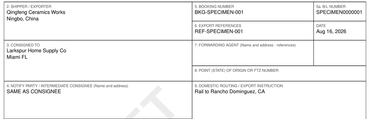 The party boxes of the house bill: shipper is the exporter in Ningbo, consigned-to is the buyer in Miami, and the notify party reads SAME AS CONSIGNEE.