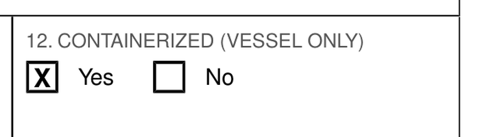 The same containerised box on the master bill of the same shipment, with the Yes tick marked.