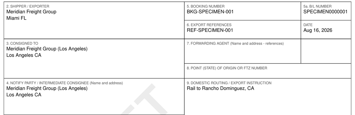The same three boxes on the master bill of the same shipment: shipper is the forwarder in Miami, and both the consigned-to and notify boxes are the forwarder's Los Angeles office.