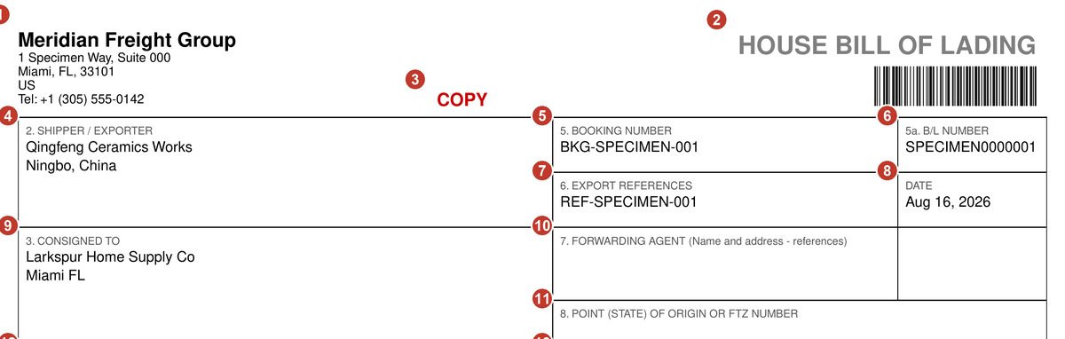 The top of the annotated specimen: the issuer letterhead, the title HOUSE BILL OF LADING, a red COPY stamp and the shipper, consignee and reference boxes, each with a red callout number.