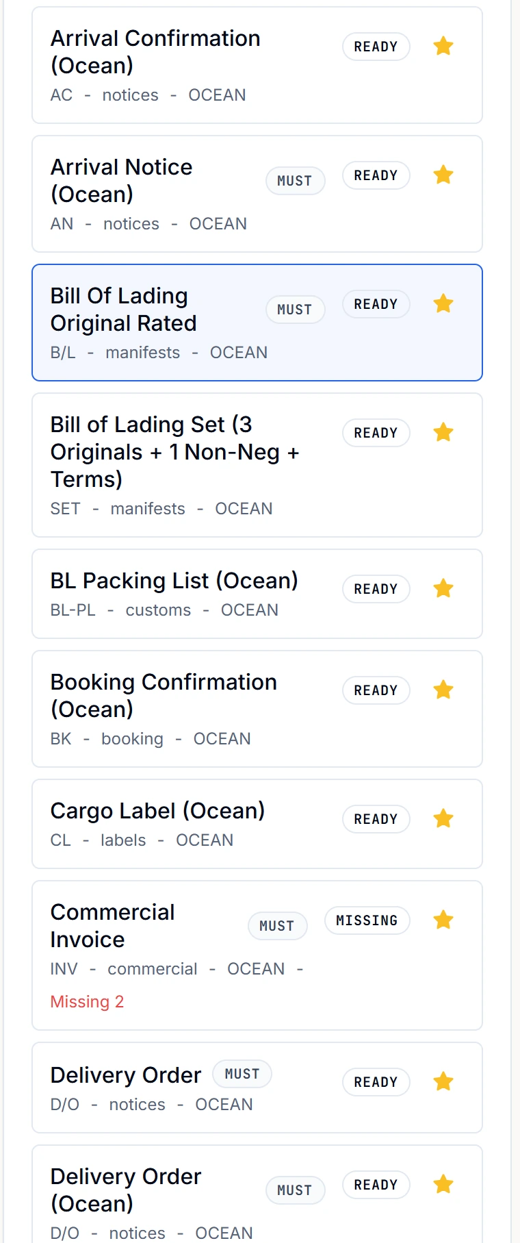 The document list on an ocean shipment in Linbis. Rows read Arrival Confirmation, Arrival Notice, Bill Of Lading Original Rated, Bill of Lading Set with three originals plus one non-negotiable plus terms, BL Packing List, Booking Confirmation, Cargo Label, Commercial Invoice and two Delivery Orders. Most are badged READY; several are badged MUST; the Bill Of Lading Original Rated row is selected and highlighted; the Commercial Invoice row is badged MISSING with the outstanding items noted beneath it in red.